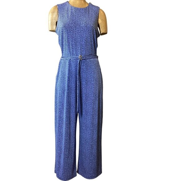 Michael Kors Blue Ditzy Floral Print Wide Leg Sleeveless Jumpsuit Sz L #49M - Picture 1 of 13